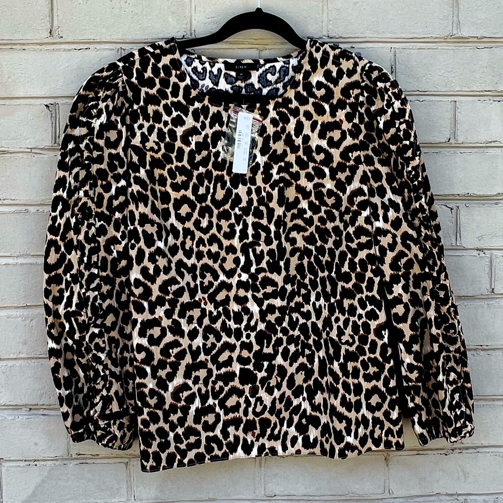 NWT JCrew Size M Leopard Print Popover Top w/Ruffle Accent Sleeve 100% Cotton